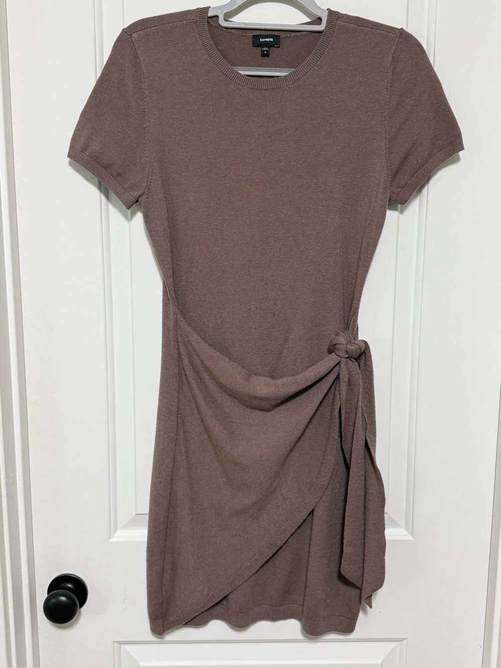 Express Taupe Brown Knit Short Sleeve Faux Wrap Tie-Waist Mini Dress